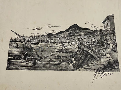 Gravura Antiga Barcos Porto Aos Pés Da Montanha Assinada