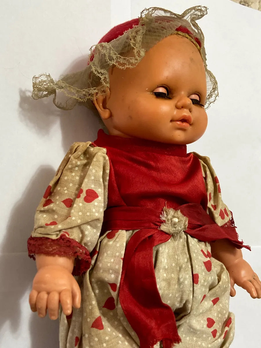 Boneca Antiga Olhos Móveis C/ Vestido Estampado 36cm