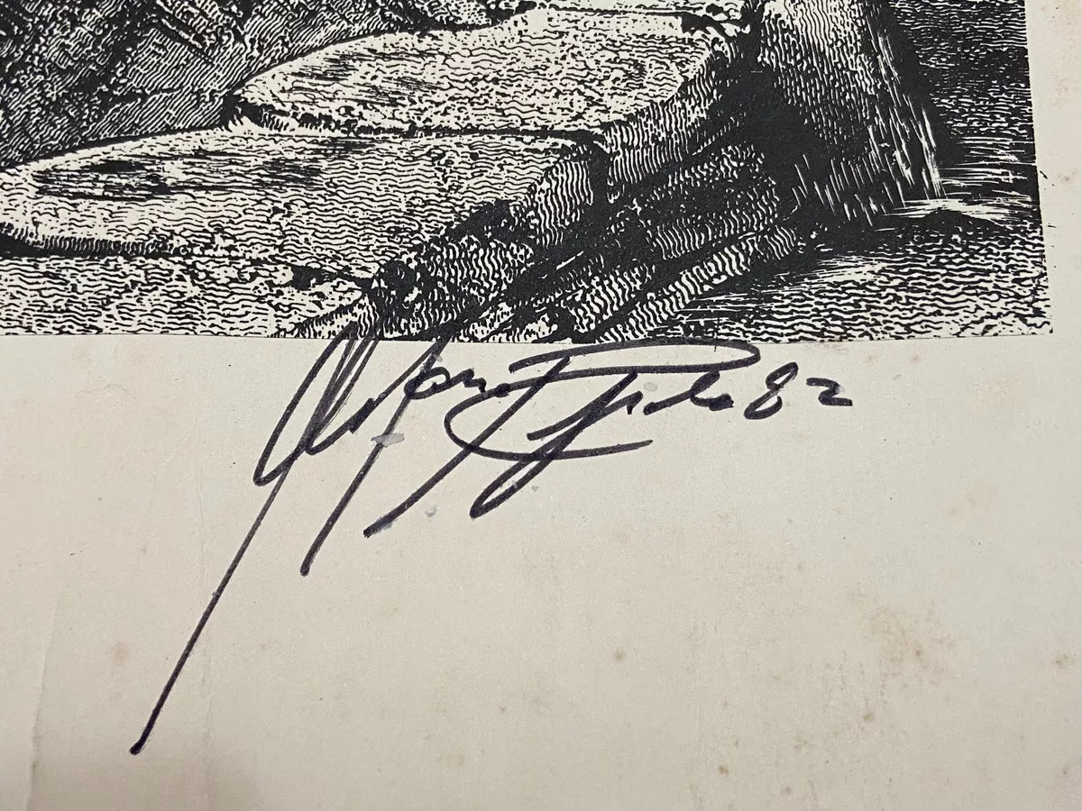 Gravura Antiga Barcos Porto Aos Pés Da Montanha Assinada