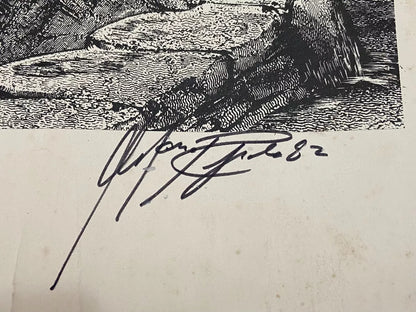 Gravura Antiga Barcos Porto Aos Pés Da Montanha Assinada