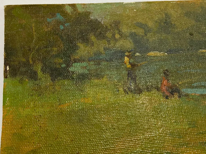 Pintura Antiga Paisagem Com Pescadores - Óleo Sobre Tela
