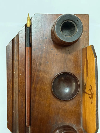 Tinteiro Antigo Em Madeira Marchetaria Completo Com Caneta