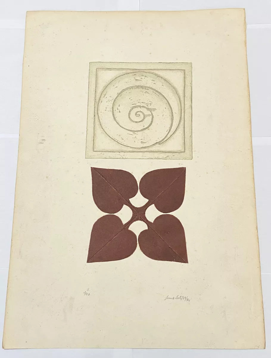 Gravura Antiga Com Espiral E Formas Geométricas Assinada