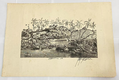 Gravura Antiga Porto Colonial Com Embarcações Assinada