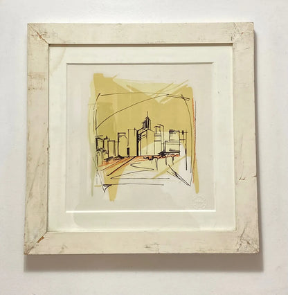 Quadro Abstrato Skyline Com Moldura Branca Colorido