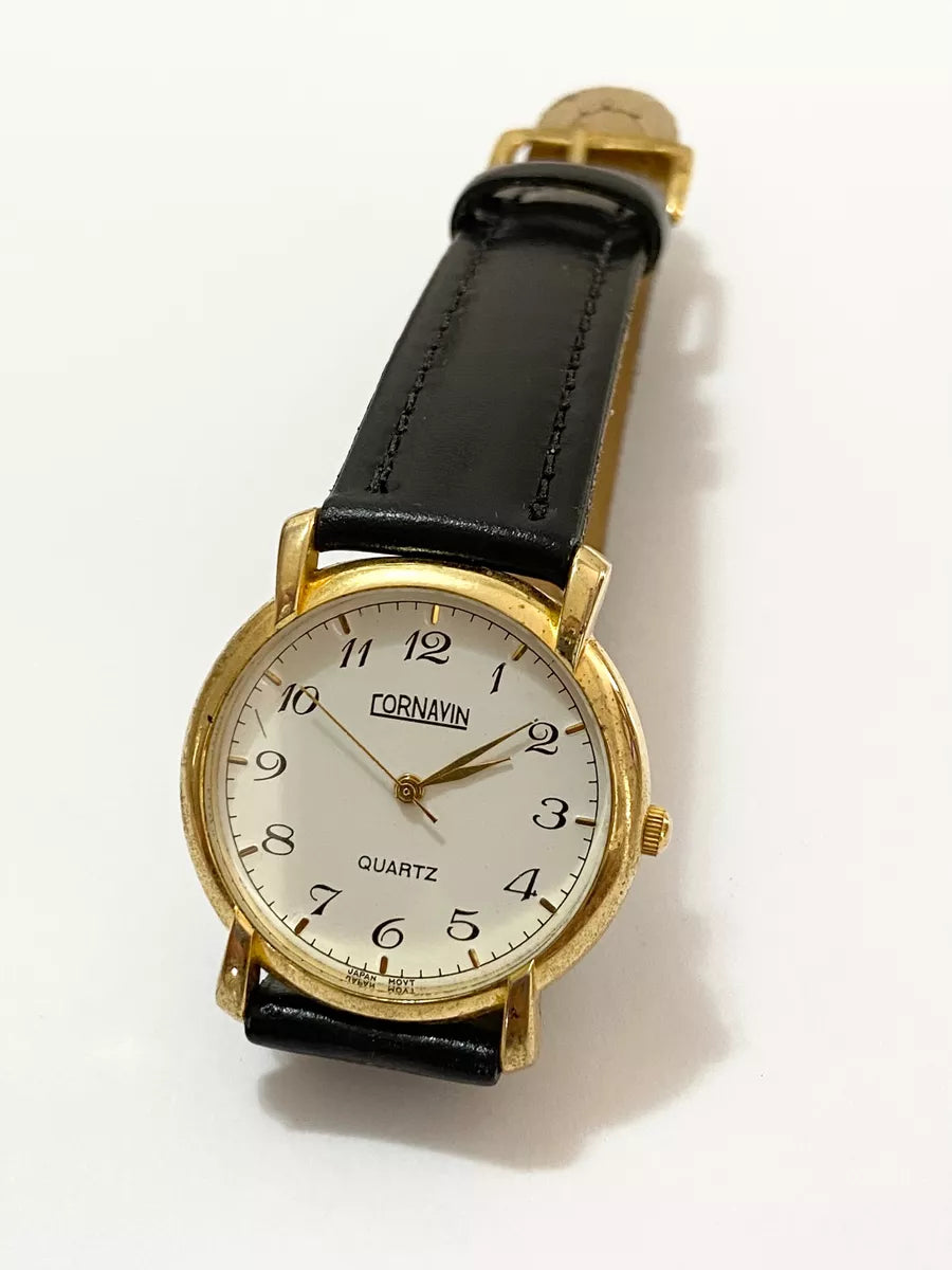 Relógio Antigo Cornavin Quartz Dourado Pulseira Couro Preta Dourado
