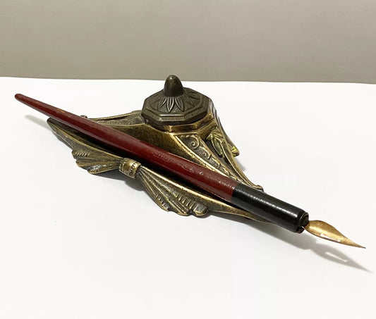 Tinteiro Porta Caneta Antigo Em Bronze + Pena Fritz Johansen