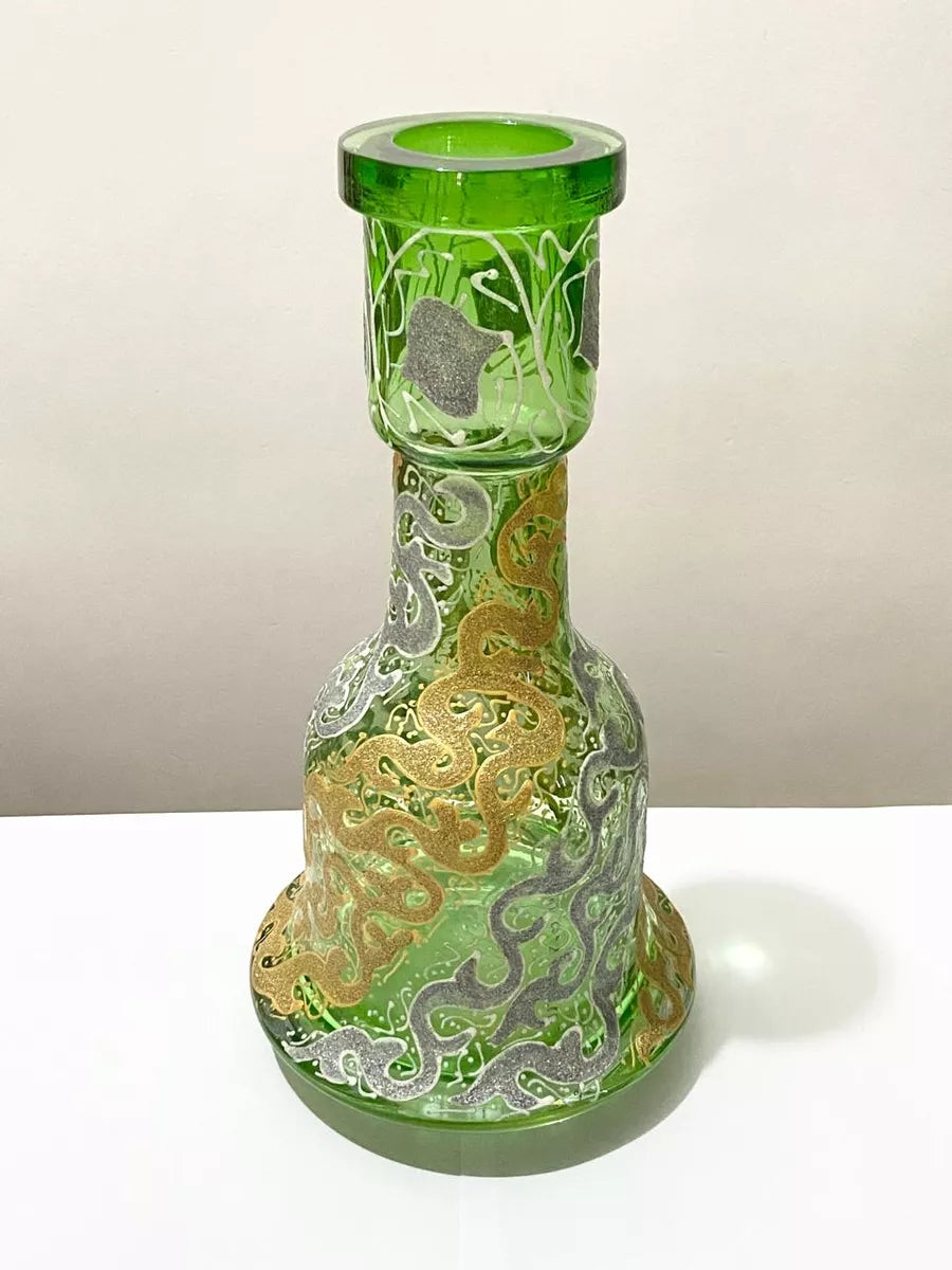 Vaso Antigo Narguilé Vidro Verde Detalhes Dourados Prateados