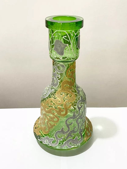 Vaso Antigo Narguilé Vidro Verde Detalhes Dourados Prateados
