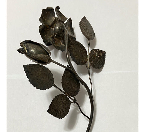 Escultura Flor Rosa Espessurada Á Prata Antiga 28,5cm
