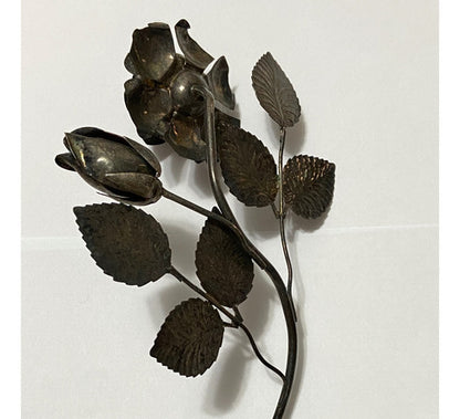 Escultura Flor Rosa Espessurada Á Prata Antiga 28,5cm