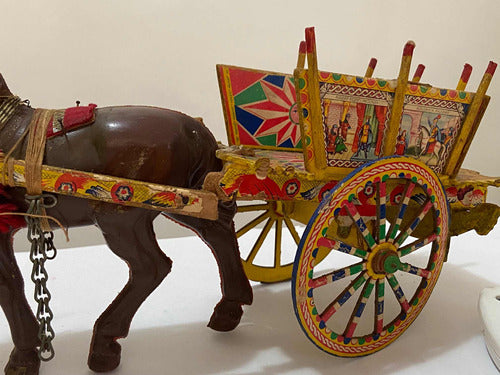 Antiga Mini Carroça Siciliana Com Cavalo E Figuras
