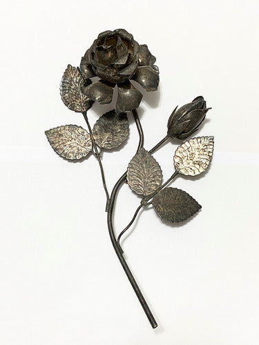 Escultura Flor Rosa Espessurada Á Prata Antiga 28,5cm