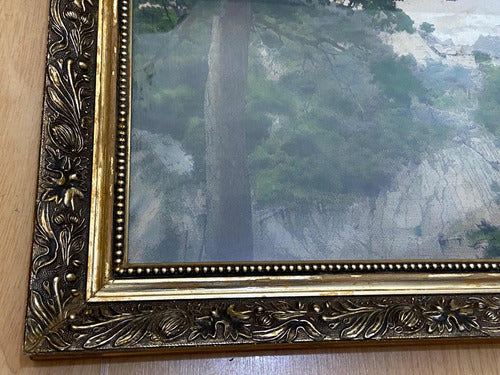 Quadro Antigo Montanhas Em Tecido - Moldura Dourada