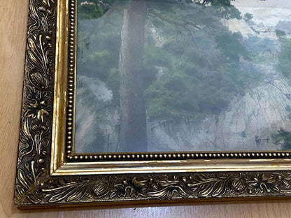 Quadro Antigo Montanhas Em Tecido - Moldura Dourada