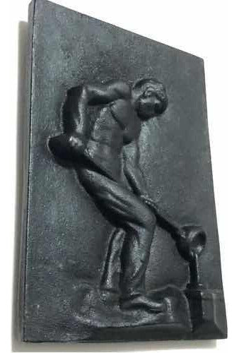 Quadro Antigo Placa Escultura Homem Trabalhador Ferro Fundid