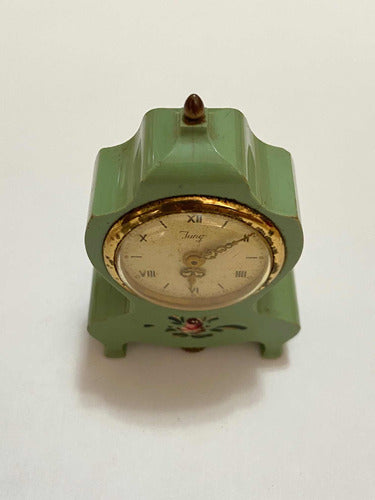 Relógio Antigo De Mesa Suíço Jung Com Pintura Pequeno Dourad