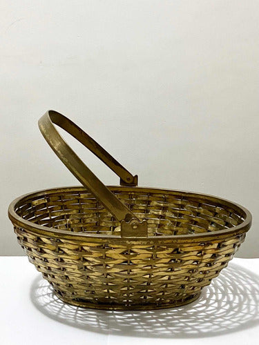 Antiga Cesta De Metal Com Alça Cor Dourada