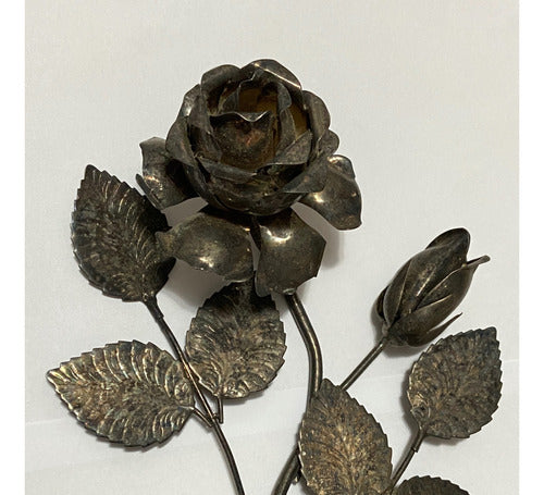 Escultura Flor Rosa Espessurada Á Prata Antiga 28,5cm