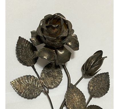 Escultura Flor Rosa Espessurada Á Prata Antiga 28,5cm