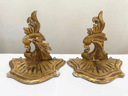 Peanha Antiga De Madeira / Suporte De Parede Par Dourado