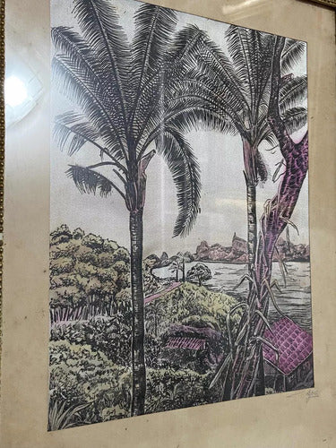 Quadro Antigo Pintura Sobre Seda Coqueiros Assinado