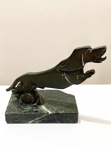 Escultura Antiga Cachorro Dachshund Em Bronze E Mármore