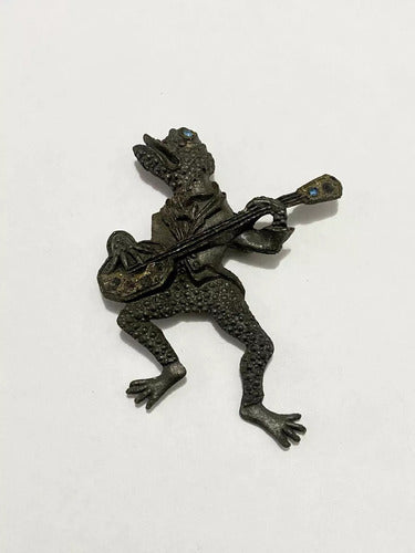 Broche Antigo Sapo Guitarra Com Pedra Azul Cor Prata