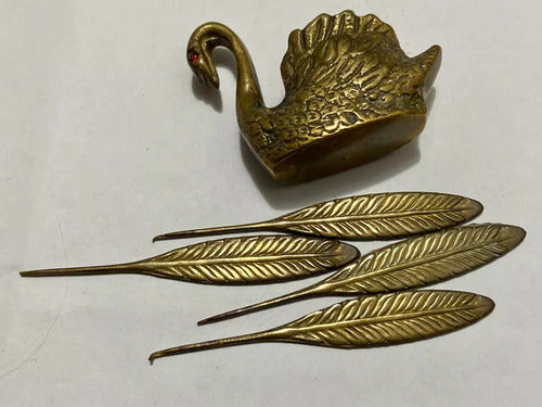 Antigo Tinteiro De Bronze Pato Penas