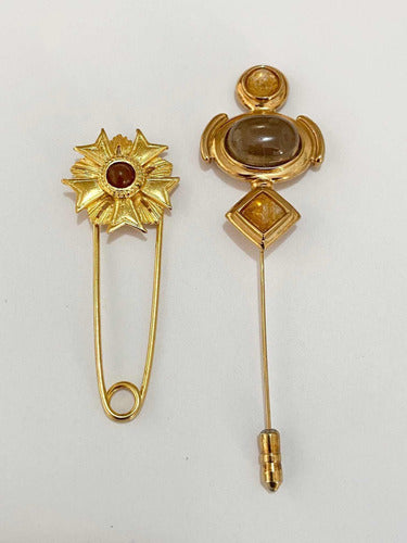Broche Alfinete Antigo Dourado Com Pedra