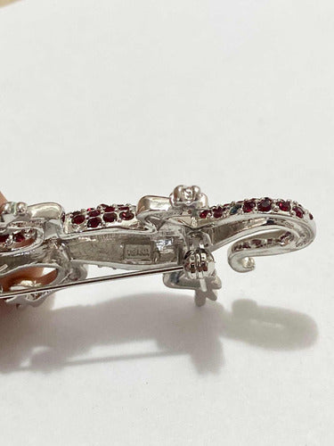 Broche Antigo Lagarto Prata Com Cristais Vermelhos Vienna