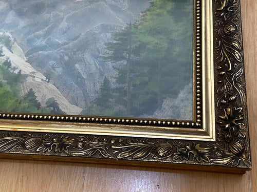 Quadro Antigo Montanhas Em Tecido - Moldura Dourada