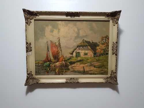 Antigo Quadro Pintura Óleo Paisagem Barco Assi Bela Moldura