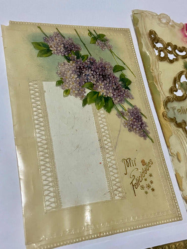 Cartão Postal Bilhete Antigo Flores Rosas Em Relevo