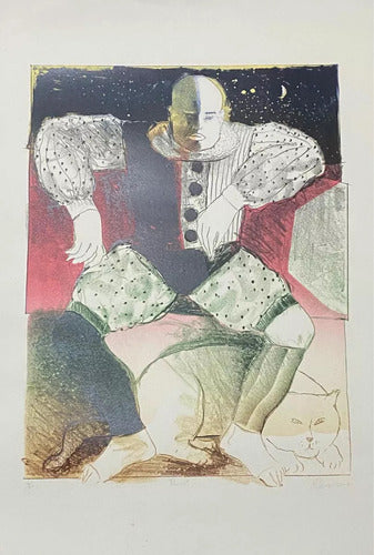 Quadro Gravura Antiga Assinada Pierrot 83 Palhaço Gato