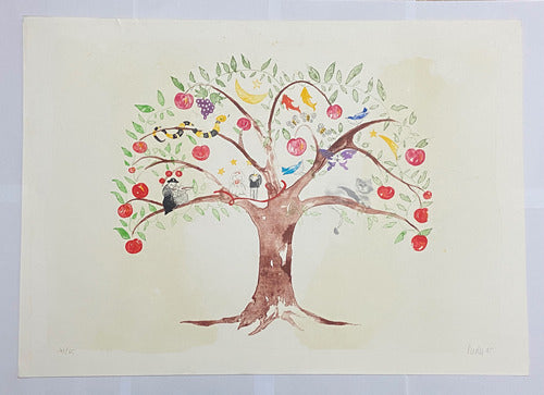 Quadro Gravura Antiga Árvore Da Vida Colorida E Assinada