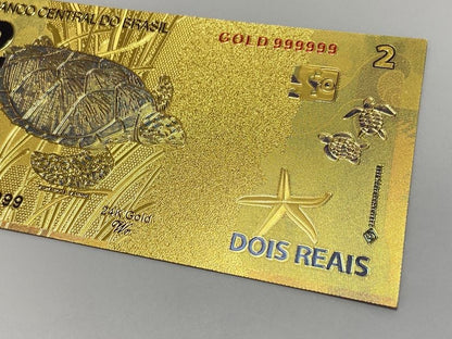 Cédula banhada ouro 24k brasil 2 reais fantasia