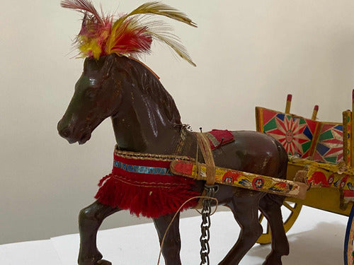 Antiga Mini Carroça Siciliana Com Cavalo E Figuras