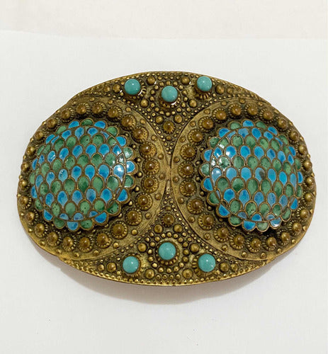 Fivela De Cinto Antiga Dourado Com Pedras Turquesa