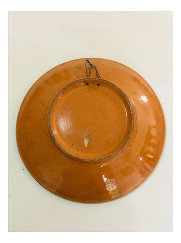 Bottom view of an antique porcelain plate with a pink floral design and hanging wire on white background