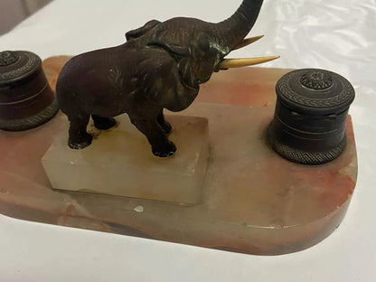 Tinteiro Antigo Em Mármore Escultura De Elefante Em Bronze