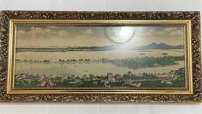 Quadro Antigo Vista Panorâmica em Tecido com Moldura Dourada